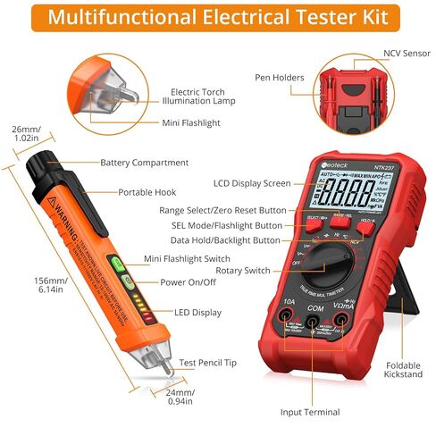 Neoteck 12-1000V Non-Contact Voltage Detector Pen and 2000 Counts Digital Multimeter for Live/Null Wire Distinguish, NCV AC/DC Voltage Current Resistance Capacitance Frequency Measuring in Kuwait