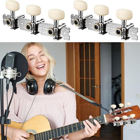2PCS Guitar Tuning Pegs, 3L3R Acoustic Guitar Tuning Pegs, Chrome Plated Machine Heads with White Buttons for Acoustic-Guitar Replacement in Kuwait
