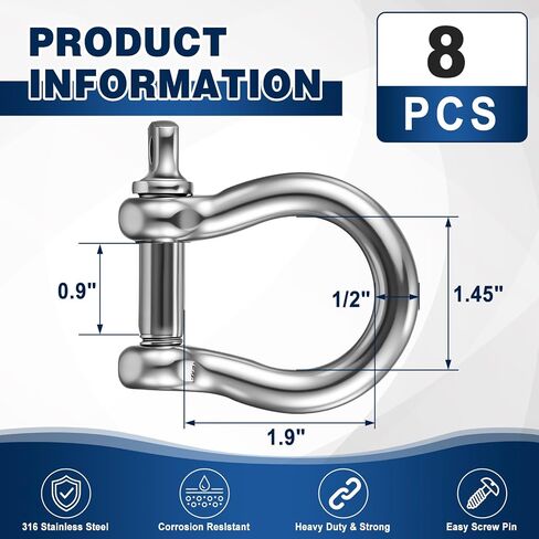 Shimeyao 8 Pack 1/2 Inch D Ring Shackles, 316 Stainless Steel Heavy Duty D Rings with Screw Pin for Boat, Marine, Towing, Rigging, Straps and Outdoor Applications, 1920 Lbs Capacity in Kuwait