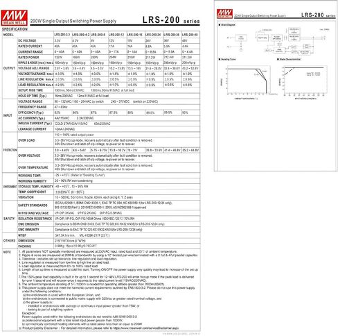 LRS-200-24 24V Switching Power Supply, 211.2W 8.8A Single Output, for Industrial Automation and LED Lighting in Kuwait