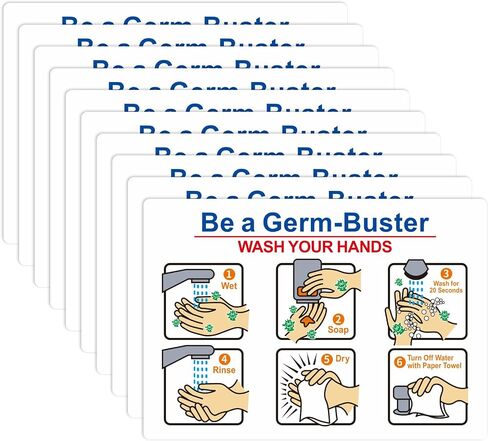 Jetec 10 Pcs Be A Germ-Buster - Wash Your Hands Labels, 5 x 3.5 Inches Hand Wash Instructions Sticker Laminated Vinyl Weatherproof for Indoor Outdoor Restrooms Bathroom Kitchen Restaurant in Kuwait