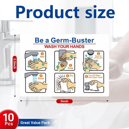 Jetec 10 Pcs Be A Germ-Buster - Wash Your Hands Labels, 5 x 3.5 Inches Hand Wash Instructions Sticker Laminated Vinyl Weatherproof for Indoor Outdoor Restrooms Bathroom Kitchen Restaurant in Kuwait