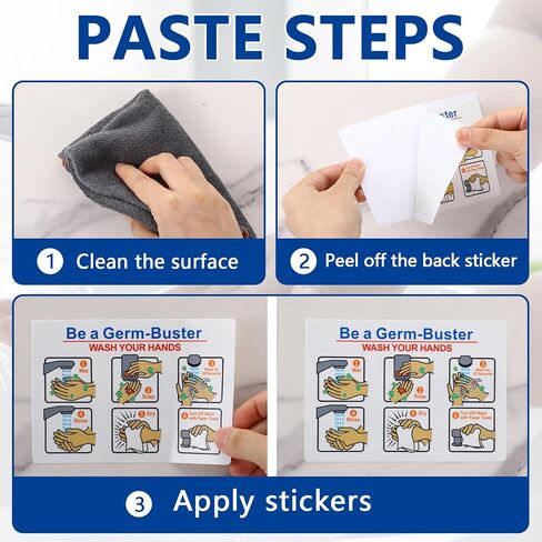 Jetec 10 Pcs Be A Germ-Buster - Wash Your Hands Labels, 5 x 3.5 Inches Hand Wash Instructions Sticker Laminated Vinyl Weatherproof for Indoor Outdoor Restrooms Bathroom Kitchen Restaurant in Kuwait