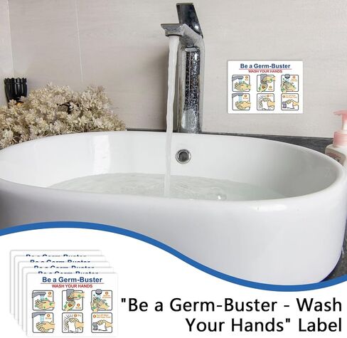 Jetec 10 Pcs Be A Germ-Buster - Wash Your Hands Labels, 5 x 3.5 Inches Hand Wash Instructions Sticker Laminated Vinyl Weatherproof for Indoor Outdoor Restrooms Bathroom Kitchen Restaurant in Kuwait