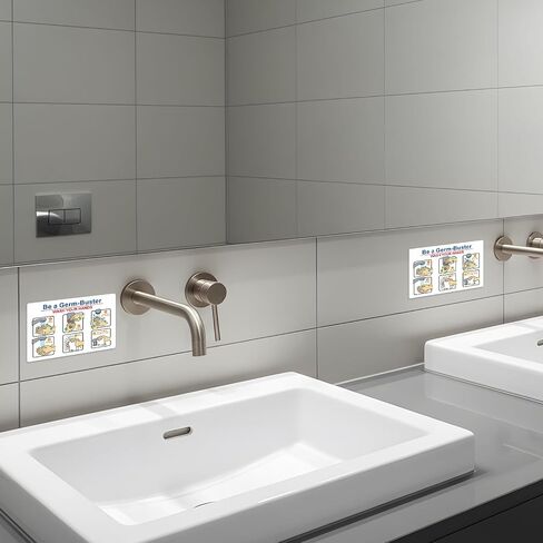 Jetec 10 Pcs Be A Germ-Buster - Wash Your Hands Labels, 5 x 3.5 Inches Hand Wash Instructions Sticker Laminated Vinyl Weatherproof for Indoor Outdoor Restrooms Bathroom Kitchen Restaurant in Kuwait