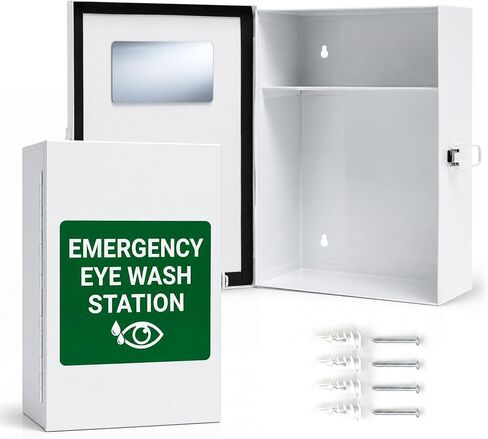 Metal Eye Wash Station Cabinet, Wall Mounted, Dust-Proof | Steel eyewash cabinet with sign, mirror & 2 cups. For shops, salons, workshops. Holds two 32 oz bottles (not incl.) in Kuwait