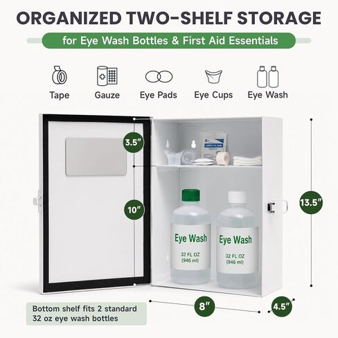 Metal Eye Wash Station Cabinet, Wall Mounted, Dust-Proof | Steel eyewash cabinet with sign, mirror & 2 cups. For shops, salons, workshops. Holds two 32 oz bottles (not incl.) in Kuwait