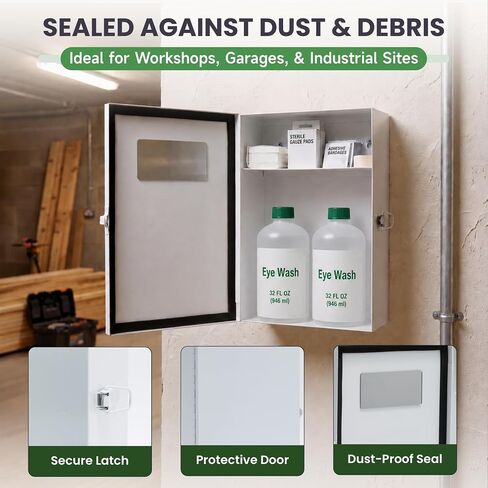 Metal Eye Wash Station Cabinet, Wall Mounted, Dust-Proof | Steel eyewash cabinet with sign, mirror & 2 cups. For shops, salons, workshops. Holds two 32 oz bottles (not incl.) in Kuwait