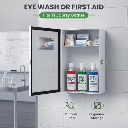 Metal Eye Wash Station Cabinet, Wall Mounted, Dust-Proof | Steel eyewash cabinet with sign, mirror & 2 cups. For shops, salons, workshops. Holds two 32 oz bottles (not incl.) in Kuwait