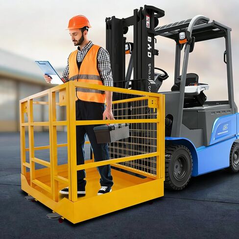 1400LBS Capacity Forklift Safety Cage with Lockable Swivel Wheels - 43"x45" Forklift Man Basket with Safety Harness - Collapsible Lift Basket in Kuwait