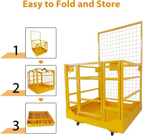 1400LBS Capacity Forklift Safety Cage with Lockable Swivel Wheels - 43"x45" Forklift Man Basket with Safety Harness - Collapsible Lift Basket in Kuwait