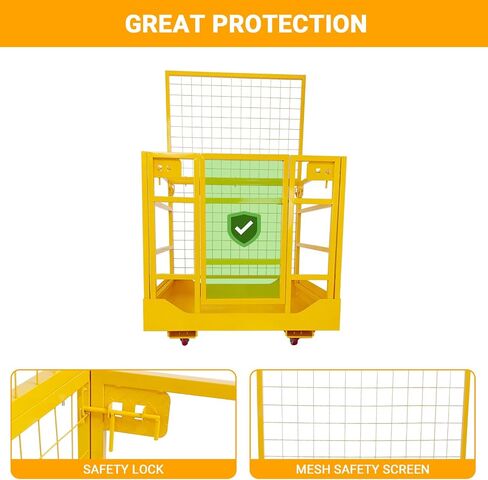 1400LBS Capacity Forklift Safety Cage with Lockable Swivel Wheels - 43"x45" Forklift Man Basket with Safety Harness - Collapsible Lift Basket in Kuwait