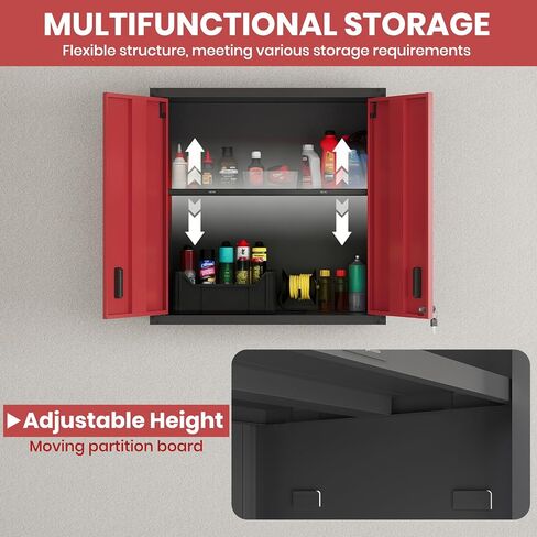 30 Inch Metal Wall Cabinet, Metal Wall Cabinet for Garage, Red | Wall Mount Cabinet with Lock and Adjustable Shelf, Lockable Storage Cabinet for Home Office,Garage,Gym,School in Kuwait
