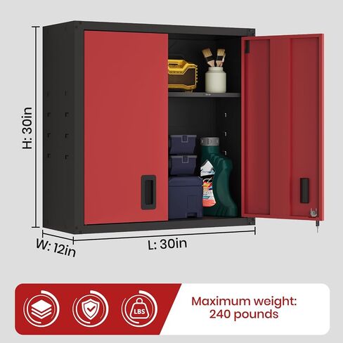 30 Inch Metal Wall Cabinet, Metal Wall Cabinet for Garage, Red | Wall Mount Cabinet with Lock and Adjustable Shelf, Lockable Storage Cabinet for Home Office,Garage,Gym,School in Kuwait