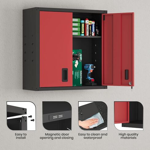 30 Inch Metal Wall Cabinet, Metal Wall Cabinet for Garage, Red | Wall Mount Cabinet with Lock and Adjustable Shelf, Lockable Storage Cabinet for Home Office,Garage,Gym,School in Kuwait