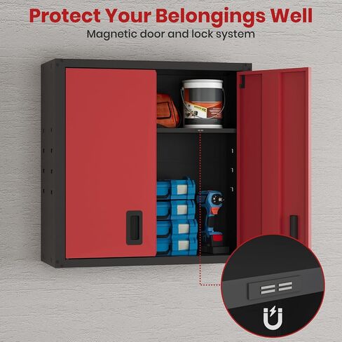 30 Inch Metal Wall Cabinet, Metal Wall Cabinet for Garage, Red | Wall Mount Cabinet with Lock and Adjustable Shelf, Lockable Storage Cabinet for Home Office,Garage,Gym,School in Kuwait