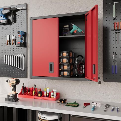 30 Inch Metal Wall Cabinet, Metal Wall Cabinet for Garage, Red | Wall Mount Cabinet with Lock and Adjustable Shelf, Lockable Storage Cabinet for Home Office,Garage,Gym,School in Kuwait