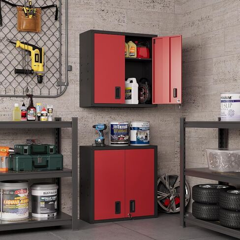 30 Inch Metal Wall Cabinet, Metal Wall Cabinet for Garage, Red | Wall Mount Cabinet with Lock and Adjustable Shelf, Lockable Storage Cabinet for Home Office,Garage,Gym,School in Kuwait