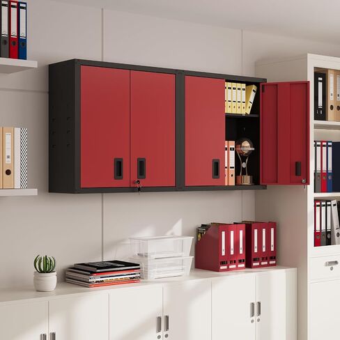 30 Inch Metal Wall Cabinet, Metal Wall Cabinet for Garage, Red | Wall Mount Cabinet with Lock and Adjustable Shelf, Lockable Storage Cabinet for Home Office,Garage,Gym,School in Kuwait