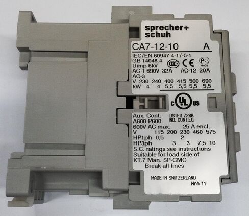 SPRECHER & SCHUH CA7-12-10-120 غير عكسي، 1 N/O (مثبت على الجانب الأيمن المتكامل)، 12 أمبير، 3 أقطاب، موصل، 120 فولت تيار متردد in Kuwait