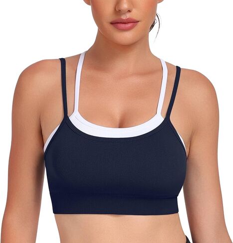 VEQKING Double Layer Adjustable Sports Bra for Women | Stylish 2-Layer Color Block Yoga Top, Medium Support for Pilates & Daily Wear, Cute Strappy Cross Back with Removable Pads in Kuwait