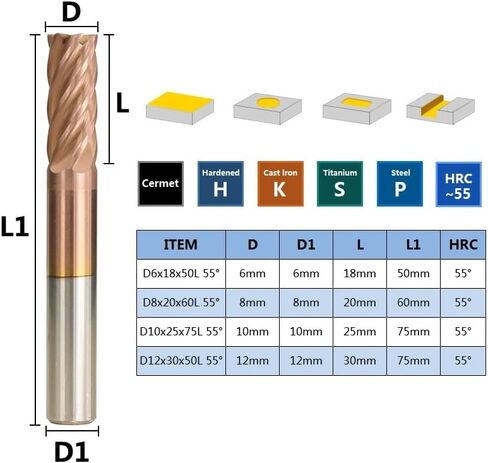Carbide End Mill Cutter 6 Flute TiCN Coating HRC 55 End Mill 6/8/10/12mm Spiral End Milling Cutter for Aluminum Copper Carbon Steel CNC Router Bit in Kuwait