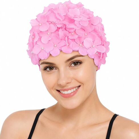 DOITOOL Flower Swim Cap, Petal Retro Style Swim Cap, Fashionable Swimming Hat Comfortable Bathing Hat for Lady Women Girls Adult, for Long/Short Hair Protection (Pink) in Kuwait
