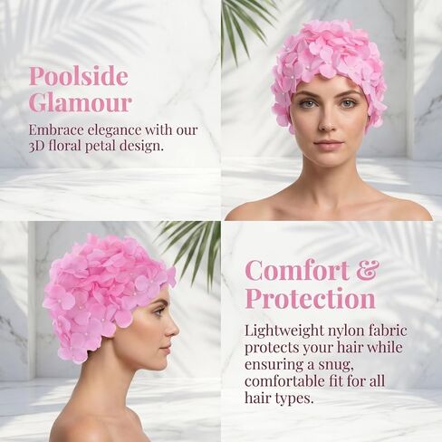 DOITOOL Flower Swim Cap, Petal Retro Style Swim Cap, Fashionable Swimming Hat Comfortable Bathing Hat for Lady Women Girls Adult, for Long/Short Hair Protection (Pink) in Kuwait