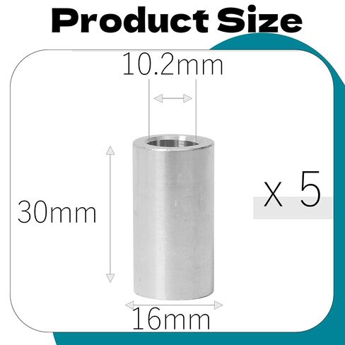 5Pcs M10 Aluminum Spacers, Metal Spacer Aluminum Round 10.2mm ID x 16mm OD x 30mm L Thickness Screw Standoff for M10 Screw Bolts Silver in Kuwait