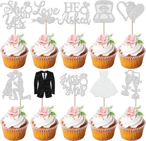 30 Pack Bride to be Cupcake Toppers Glitter Diamond Ring Love I Do Cupcake Picks Miss to Mrs He Asked She Said Yes Bridal Shower Wedding Engagement Bachelorette Cake Decorations Party Black in Saudi Arabia