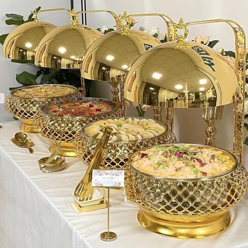 6QT Gold Party Wedding Table Setting Food Warmer Golden Fancy Elegant Cheffing Dishes with Hanging Lid Gold Chaffing Dishes (Gold, 6L) in Kuwait