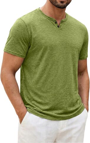 Shirts for Men Short Sleeve Button Up Henley V Neck Slim Fit T-Shirts Comfort Summer Top Big and Tall Solid Shirt in Kuwait