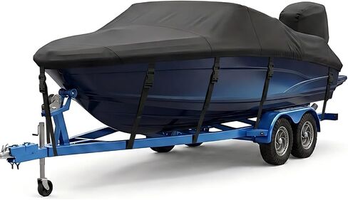 غطاء قارب مقاوم للماء 1200D بطول 17-19 قدم، غطاء قارب باس عالي التحمل مع غطاء محرك، قماش بحري قابل للقطر لهيكل V، ثلاثي الهيكل، الأسماك والتزلج، قوارب متجولة، أسود in Kuwait