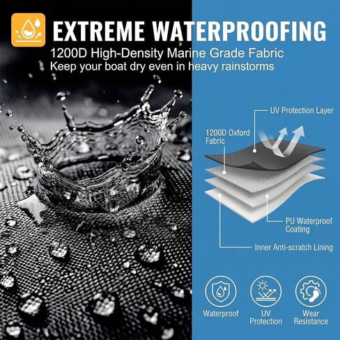 غطاء قارب مقاوم للماء 1200D بطول 17-19 قدم، غطاء قارب باس عالي التحمل مع غطاء محرك، قماش بحري قابل للقطر لهيكل V، ثلاثي الهيكل، الأسماك والتزلج، قوارب متجولة، أسود in Kuwait