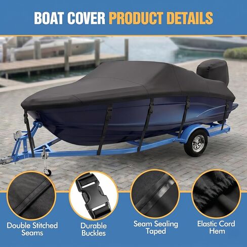 غطاء قارب مقاوم للماء 1200D بطول 17-19 قدم، غطاء قارب باس عالي التحمل مع غطاء محرك، قماش بحري قابل للقطر لهيكل V، ثلاثي الهيكل، الأسماك والتزلج، قوارب متجولة، أسود in Kuwait