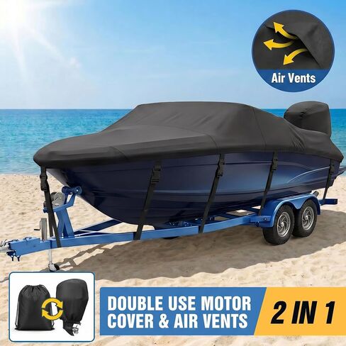 غطاء قارب مقاوم للماء 1200D بطول 17-19 قدم، غطاء قارب باس عالي التحمل مع غطاء محرك، قماش بحري قابل للقطر لهيكل V، ثلاثي الهيكل، الأسماك والتزلج، قوارب متجولة، أسود in Kuwait