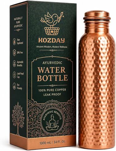 Copper Water Bottle 1 Liter (34 oz), 100% Pure Copper, Ayurvedic Drinking Bottle, Hammered Design, Leak Proof Cap, BPA Free, Health & Wellness Bottle in Kuwait