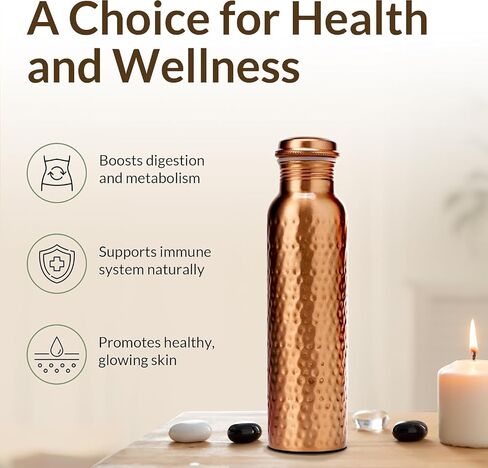 Copper Water Bottle 1 Liter (34 oz), 100% Pure Copper, Ayurvedic Drinking Bottle, Hammered Design, Leak Proof Cap, BPA Free, Health & Wellness Bottle in Kuwait