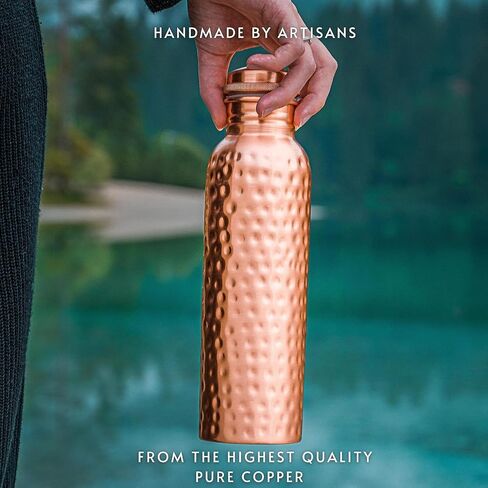 Copper Water Bottle 1 Liter (34 oz), 100% Pure Copper, Ayurvedic Drinking Bottle, Hammered Design, Leak Proof Cap, BPA Free, Health & Wellness Bottle in Kuwait