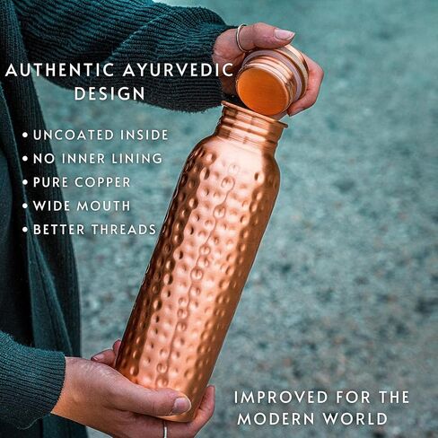 Copper Water Bottle 1 Liter (34 oz), 100% Pure Copper, Ayurvedic Drinking Bottle, Hammered Design, Leak Proof Cap, BPA Free, Health & Wellness Bottle in Kuwait