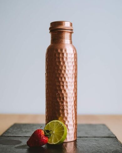 Copper Water Bottle 1 Liter (34 oz), 100% Pure Copper, Ayurvedic Drinking Bottle, Hammered Design, Leak Proof Cap, BPA Free, Health & Wellness Bottle in Kuwait