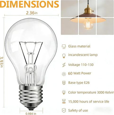 60 Watt Incandescent Light Bulbs, A19 Clear 60W Bulb E26 Medium Base Shatter Resistant Rough Service Light Bulb 4 Pack in Kuwait