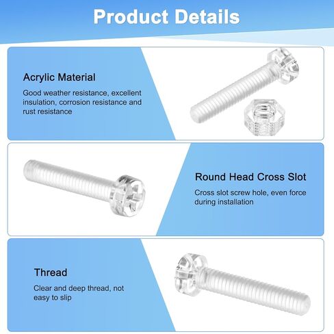M METERXITY 30-Set Clear Transparent Screws and Hex Nuts Kit, M4x20mm Acrylic Plastic Cross-recessed Round Head Screws for Machine Accessories/DIY Equipment/Model, Hand Tighten Bolts in Kuwait