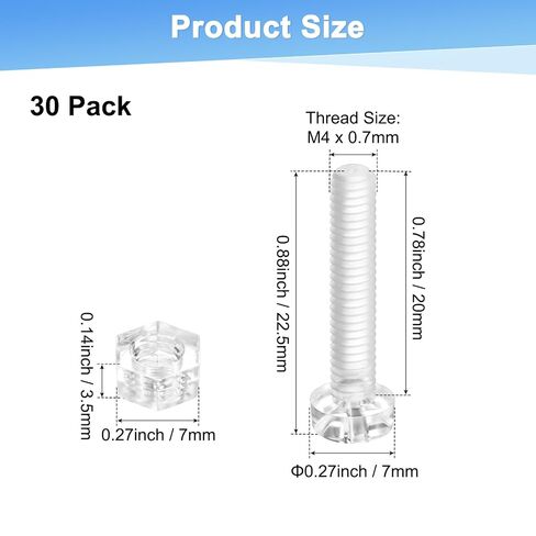 M METERXITY 30-Set Clear Transparent Screws and Hex Nuts Kit, M4x20mm Acrylic Plastic Cross-recessed Round Head Screws for Machine Accessories/DIY Equipment/Model, Hand Tighten Bolts in Kuwait