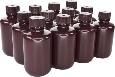 EISCO - Pack of 12 125mL Sterile Narrow Mouth Amber HDPE Reagent Bottles with Polypropylene Caps, Leak-Proof Design, Light-Sensitive Sample Storage, -100 to 120°C, Laboratory Containers in Kuwait