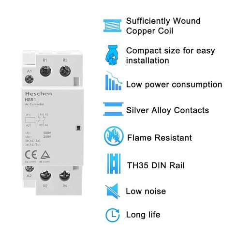 Heschen Household AC Contactor Switch, HSR1-40, Ie 40A, 2 Pole, Two Normally Closed, AC 220V/240V Coil Voltage, 35mm DIN Rail Mount in Kuwait