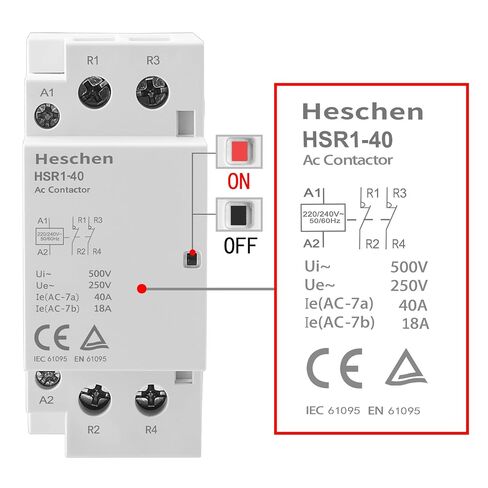 Heschen Household AC Contactor Switch, HSR1-40, Ie 40A, 2 Pole, Two Normally Closed, AC 220V/240V Coil Voltage, 35mm DIN Rail Mount in Kuwait