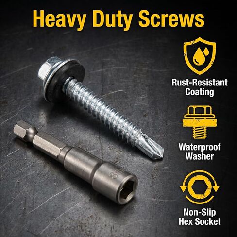 #12 x 2 inches (100 PCS) Metal Roofing Screws, with Rubber Gasket, Suitable for Metal and Woodworking, 1 Hex Bit Socket Included in Kuwait