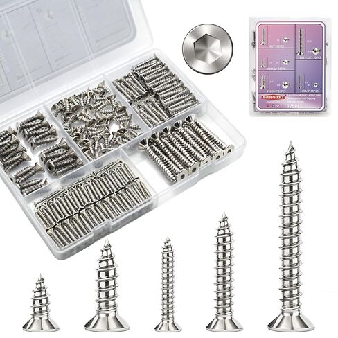 #4#8#10 Wood Screws Assortment Kit 175 Pcs, Flat Head Hex Socket Assorted Screws Set, Hardened Nickel Plated Steel, Countersunk Self Tapping Screws for Wood (1-1/2", 1", 3/4", 1/2") in Kuwait