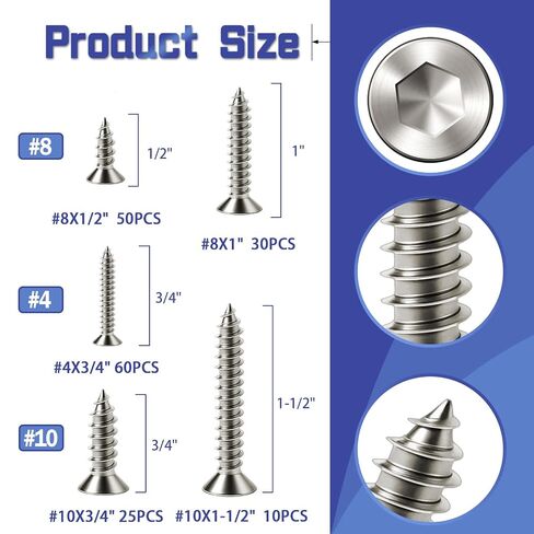 #4#8#10 Wood Screws Assortment Kit 175 Pcs, Flat Head Hex Socket Assorted Screws Set, Hardened Nickel Plated Steel, Countersunk Self Tapping Screws for Wood (1-1/2", 1", 3/4", 1/2") in Kuwait
